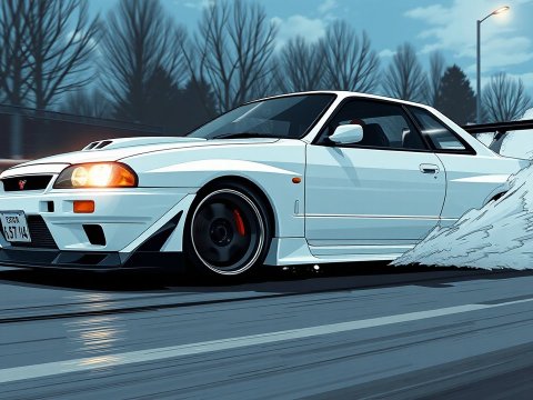 White Nissan Skyline R34 Drifting on Road