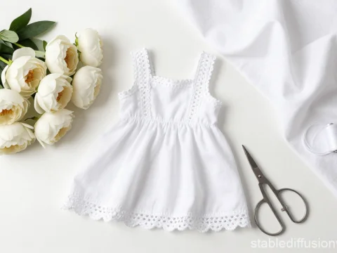 White Peonies with Delicate Baby Dress and Sewing Tools