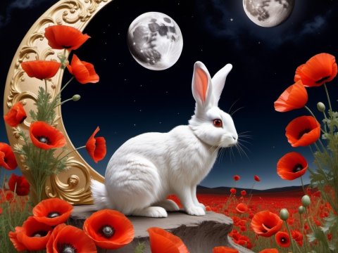 White Rabbit Among Red Poppies Under Twin Moons