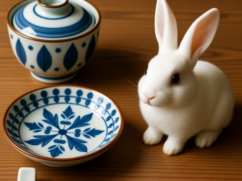 White Rabbit with Traditional Japanese Tableware