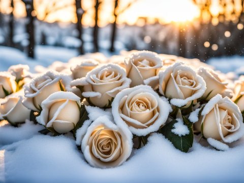 White Roses Covered in Snow at Sunset