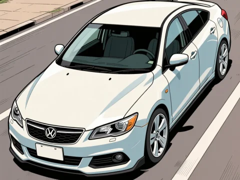 White Sedan Car on Road in Cartoon Style