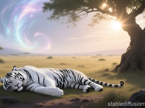 White Tiger Resting in a Magical Savannah Landscape