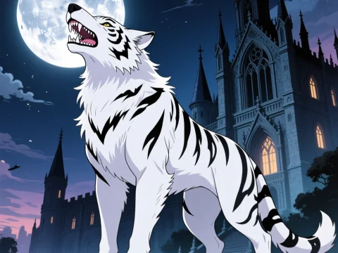 White Werewolf Howling at Full Moon by Gothic Castle
