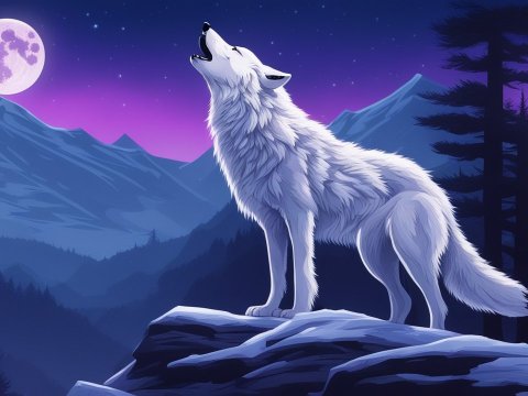 White Wolf Howling at the Moon in a Mountain Landscape