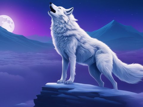 White Wolf Howling on a Cliff Under a Full Moon
