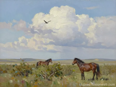 Wild Horses in a Vast Meadow Under Cloudy Sky