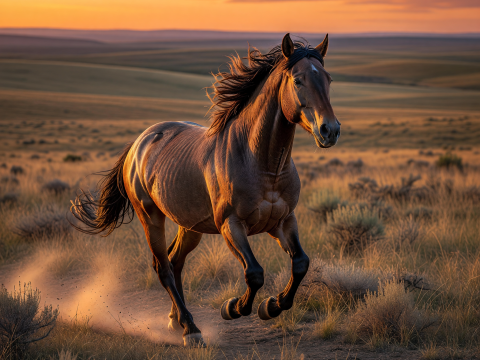 Wild Mustang Galloping at Sunset in Open Plains