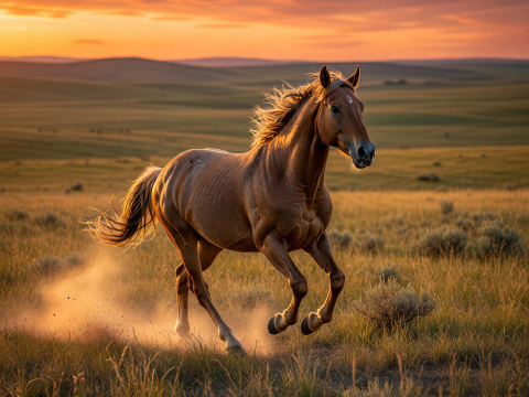 Wild Mustang Galloping at Sunset in Open Plains