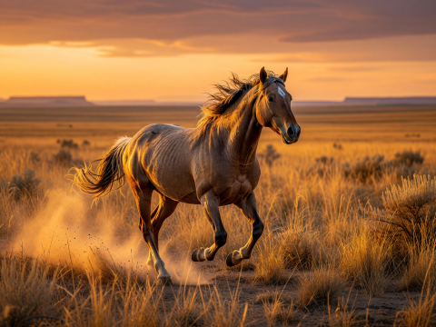 Wild Mustang Galloping at Sunset in Open Prairie