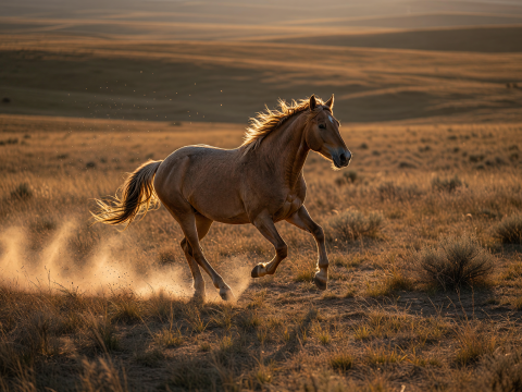 Wild Mustang Galloping at Sunset on Prairie