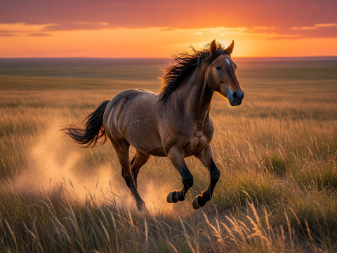 Wild Mustang Galloping at Sunset on Prairie