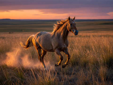 Wild Mustang Galloping at Sunset on the Prairie