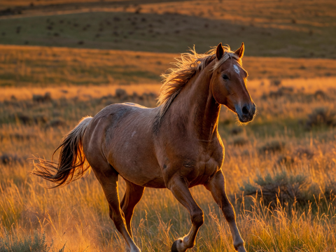 Wild Mustang Galloping at Sunset on the Prairie