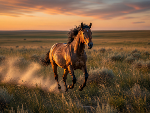 Wild Mustang Running at Sunset in Open Grassland