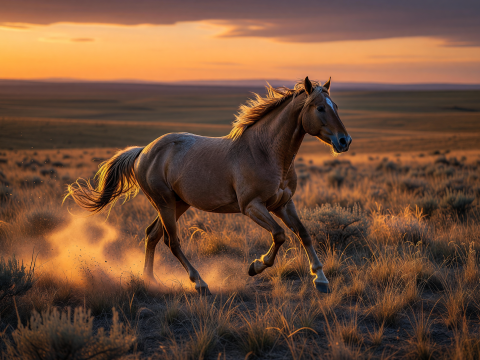 Wild Mustang Running at Sunset on the Prairie