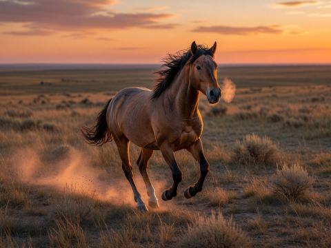 Wild Mustang Running at Sunset on the Prairie