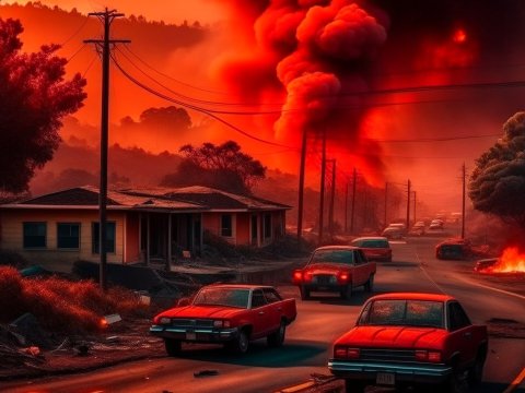 Wildfire Emergency Forces Evacuation on Suburban Road