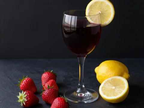 Wine Glass with Strawberries and Lemon Garnish on Dark Surface