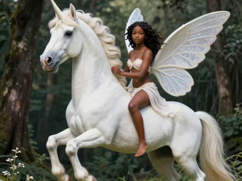 Winged Fairy Riding a Majestic White Unicorn in Forest