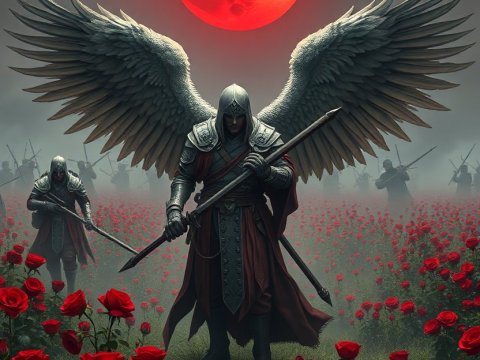 Winged Warrior Under a Blood Moon in a Field of Red Roses