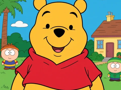 Winnie the Pooh Cartoon Character in Colorful Backyard