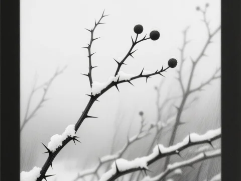 Winter Bramble Branches with Snow