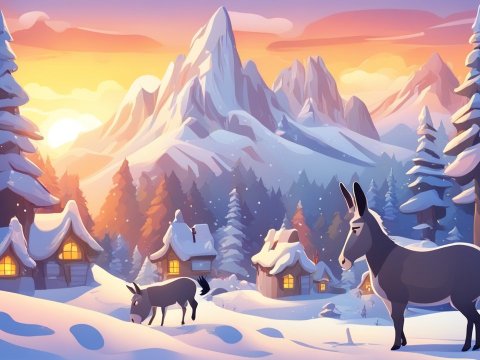 Winter Forest Village with Donkeys at Sunset