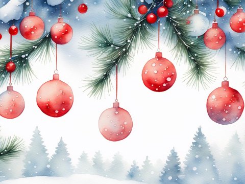 Winter Holiday Watercolor with Red Ornaments and Snowy Pines