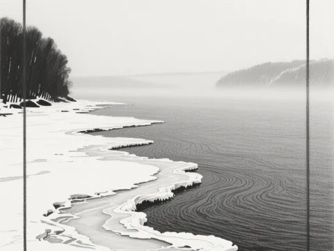 Winter Hudson River Shoreline in Monochrome