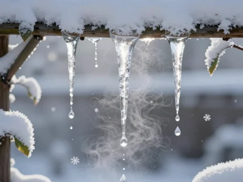 Winter Icicles Dripping from Snow-Covered Branch