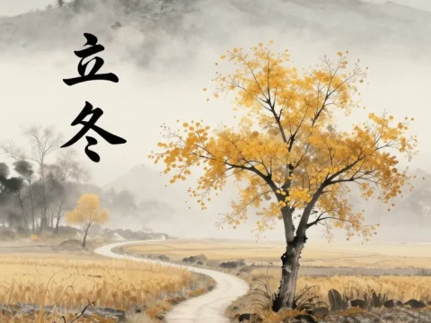 Winter Misty Landscape with Yellow Tree