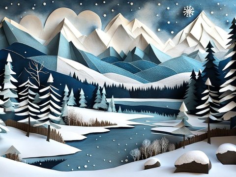 Winter Mountain Landscape in Papier Mache Style