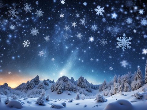 Winter Night Sky with Snowflakes Over Snowy Forest