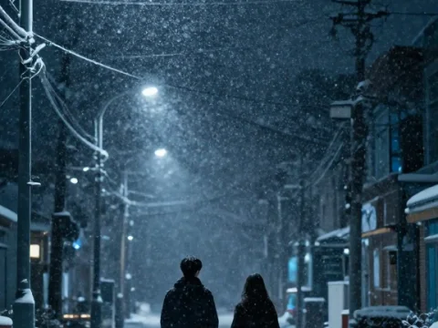 Winter Night Walk in Snowy Korean Street