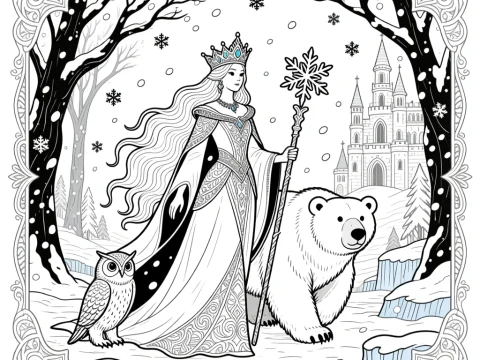 Winter Queen with Polar Bear and Owl in Snowy Castle Landscape