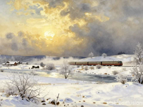 Winter Train Passing Through a Serene Snowy Landscape at Sunset
