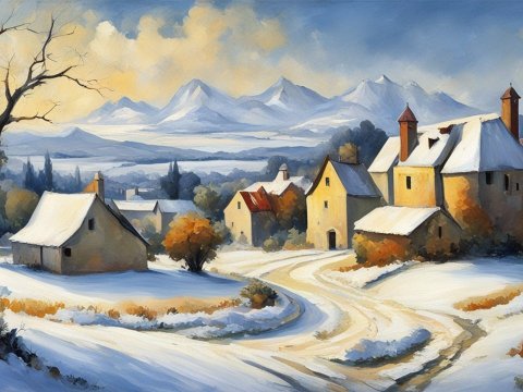 Winter Village Landscape with Snow-Covered Houses and Mountains