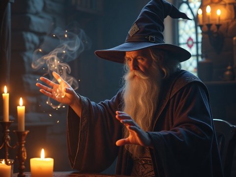 Wise Wizard Casting Magical Spells by Candlelight