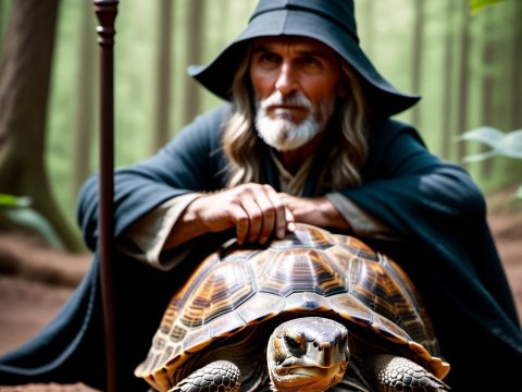 Wise Wizard with Giant Tortoise in Enchanted Forest