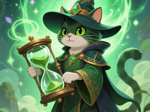 Wizard Cat Holding Magical Hourglass