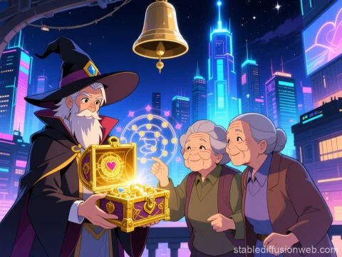 Wizard Reveals Magical Treasure to Elderly Women in Futuristic City