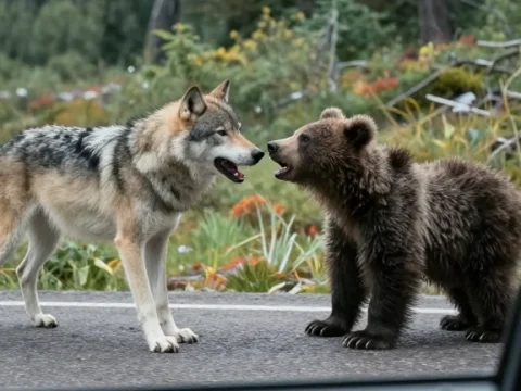 Wolf and Baby Bear Face Off on Forest Road