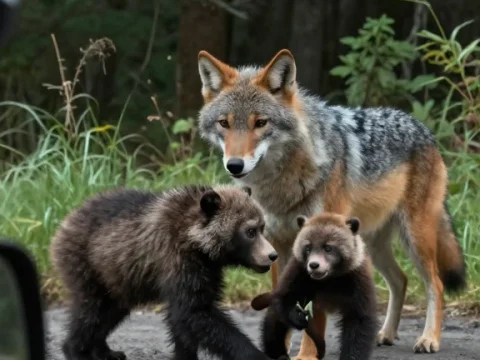 Wolf and Bear Cubs Encounter in the Wild