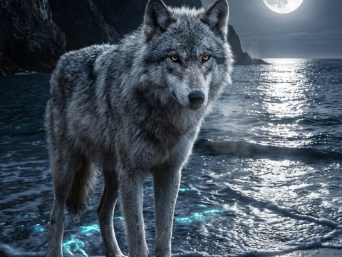 Wolf Standing on Moonlit Beach Under Starry Sky