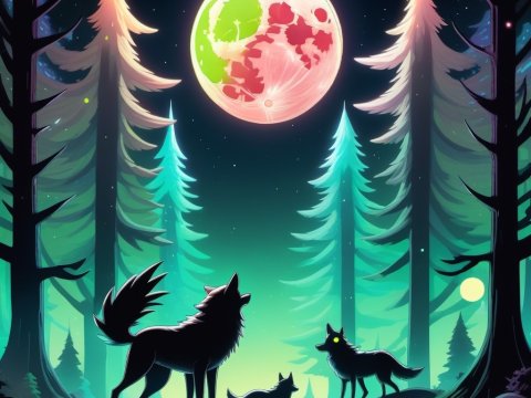 Wolves Howling Under a Mystical Moonlit Forest