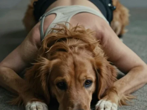 Woman and Golden Retriever Lying Down Together
