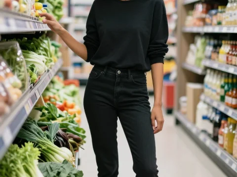 Woman Choosing Fresh Vegetables in Grocery Store