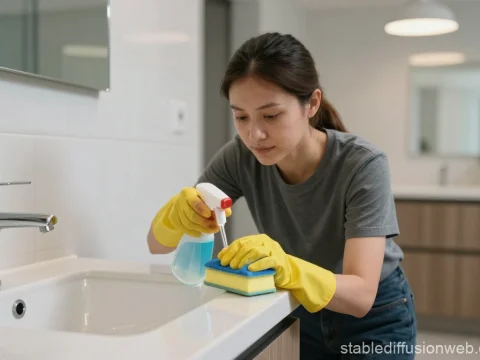 Woman Cleaning Bathroom Sink with Gloves and Spray Bottle