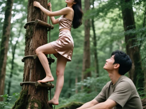 Woman Climbing Tree with Man Watching in Forest